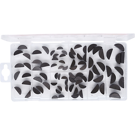 Eine transparente Box, gefüllt mit halbrunden Metallkeilen. Diese liegen in den einzelnen Fächern.